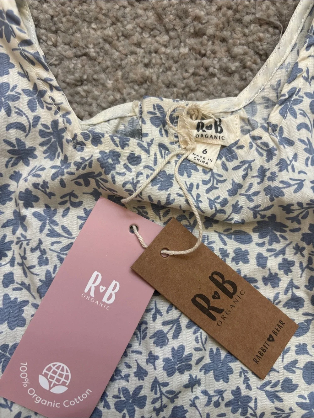 Rabbit + Bear Cream Dress with Blue Floral Print and Puff Sleeves girls 6T